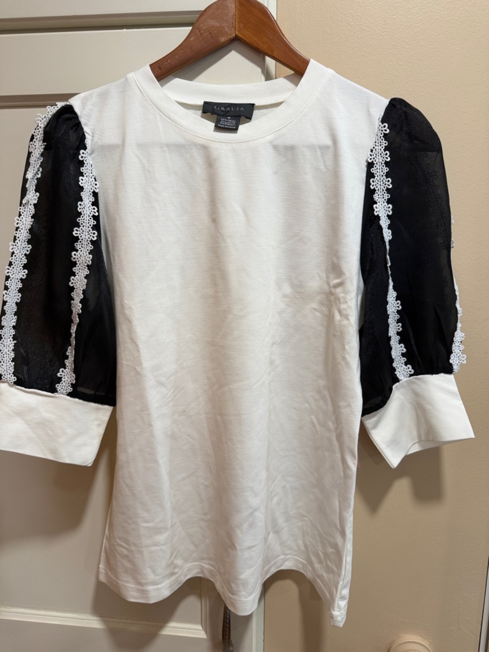 CASLIA White Jersey Top with Black Lace-Trim Puff Sleeves